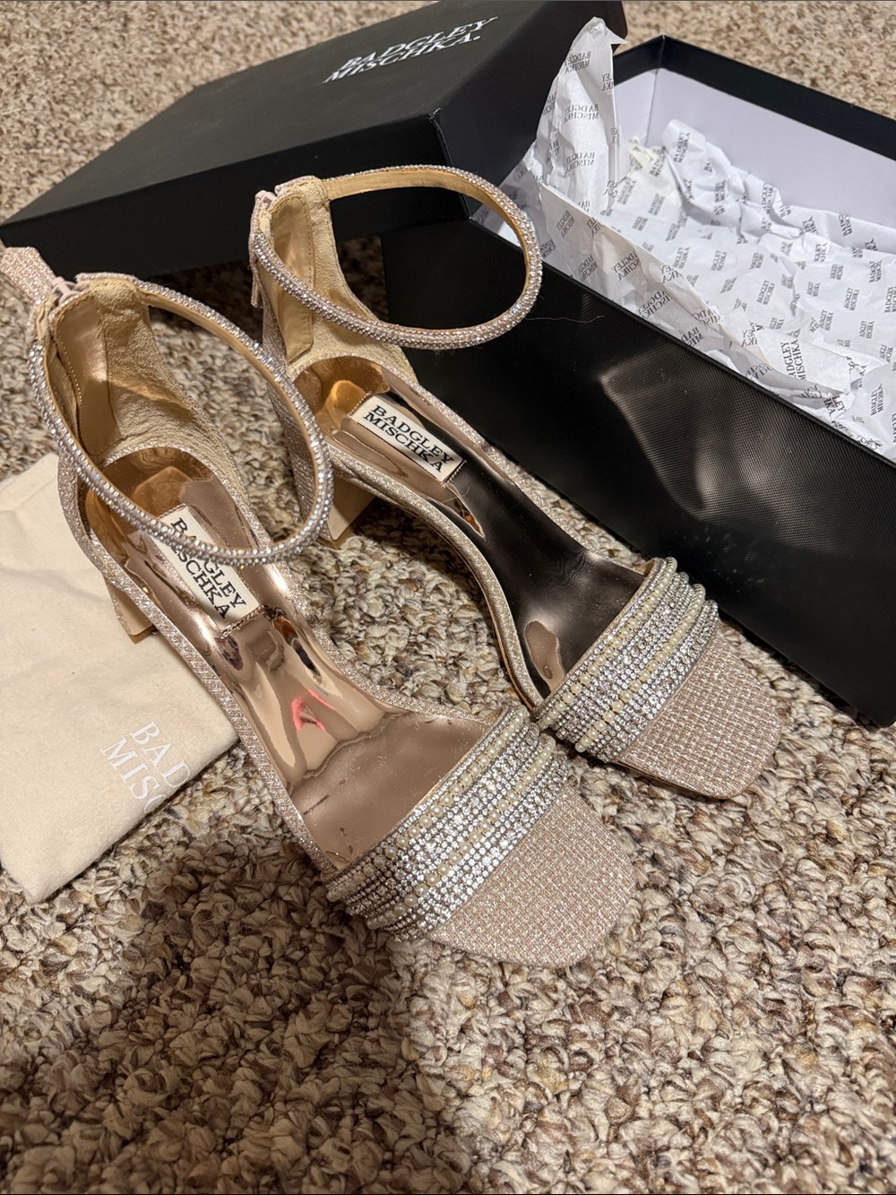 Badgley Mischka Champagne Rhinestone Ankle-Strap Heels - Picture 2 of 3